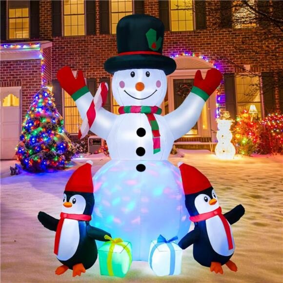 6FT Christmas Inflatables Outdoor Decor with LED Lights, Snowman and Penguins